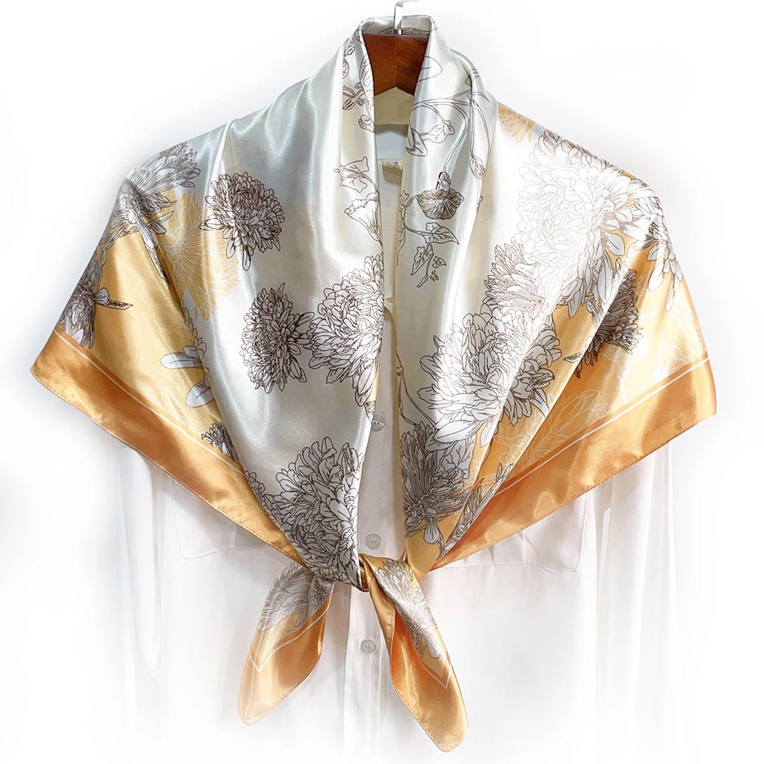 Temperament simple and elegant bow flower print silk scarf 90cm square scarf, Indonesian national bag head scarf scarf scarf