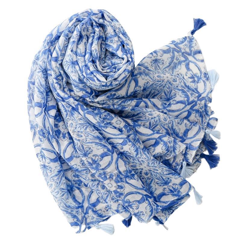 Bohemian exotic ethnic style blue blue and white porcelain geometric fringed shawl