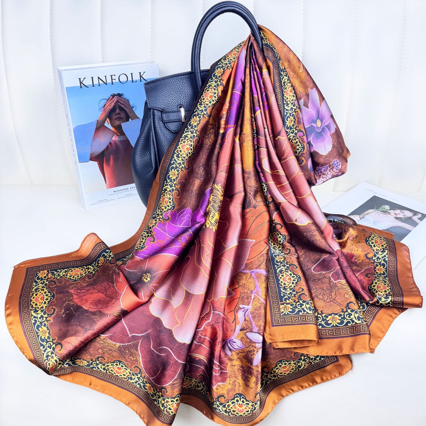 Literary retro flower beautiful brocade long silk scarf, elegant temperament mother lady decorative shawl scarf