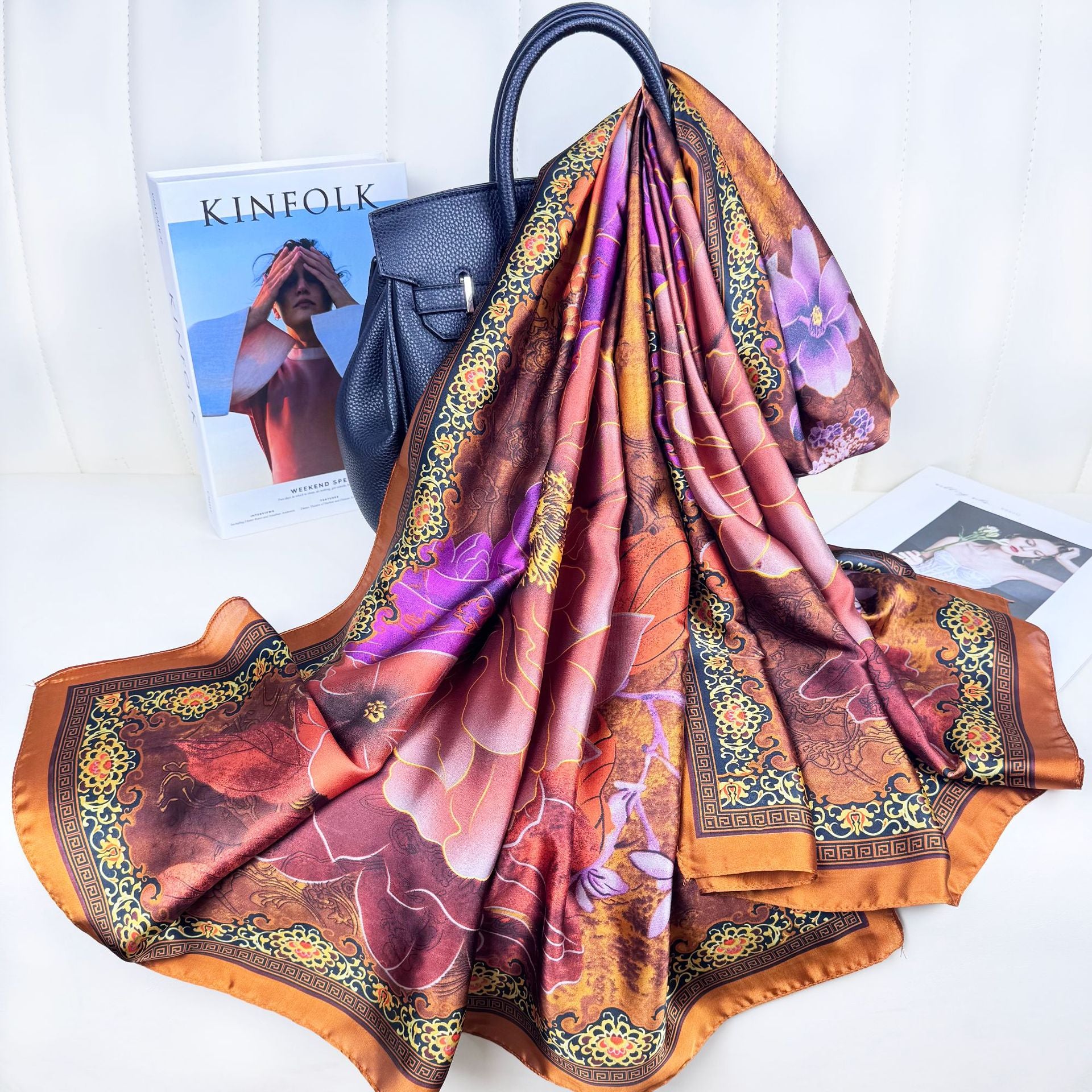 Literary retro flower beautiful brocade long silk scarf, elegant temperament mother lady decorative shawl scarf