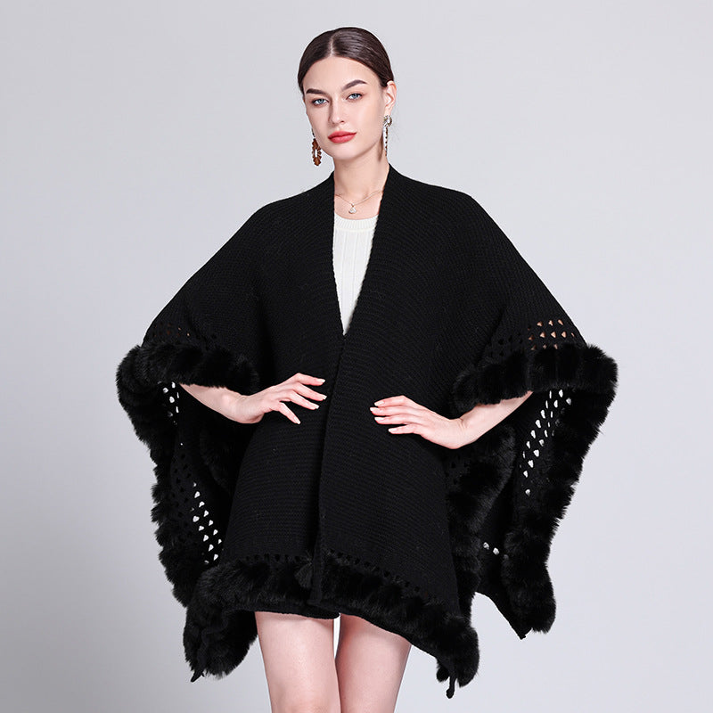 Internet celebrity new autumn and winter solid color knitted cape shawl super fairy sweater jacket cape ethnic style women's outdoor wear warm