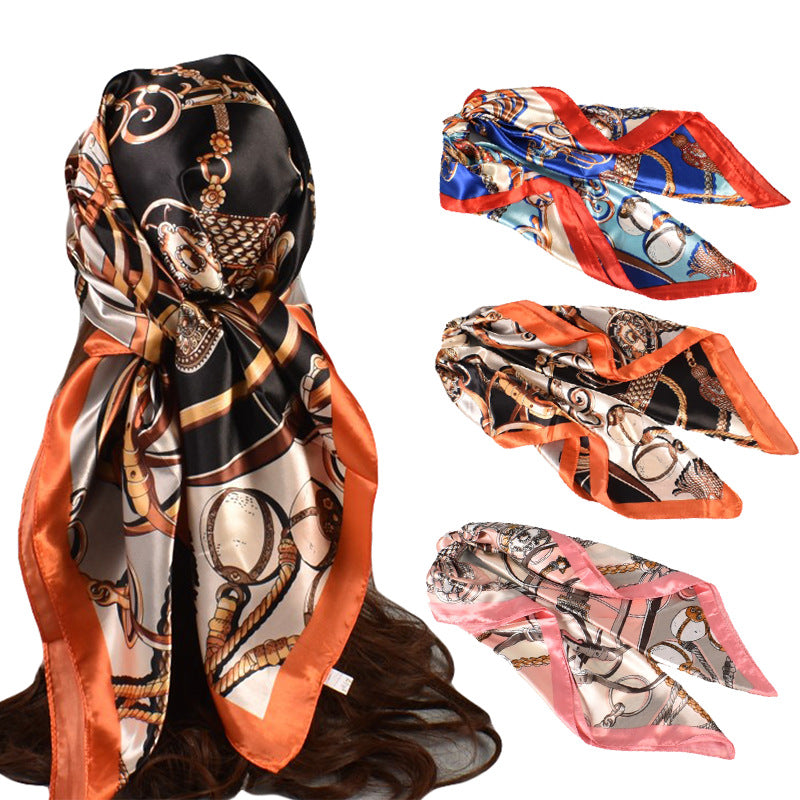 Spring new retro chain rope flower 90 satin printing silk scarf