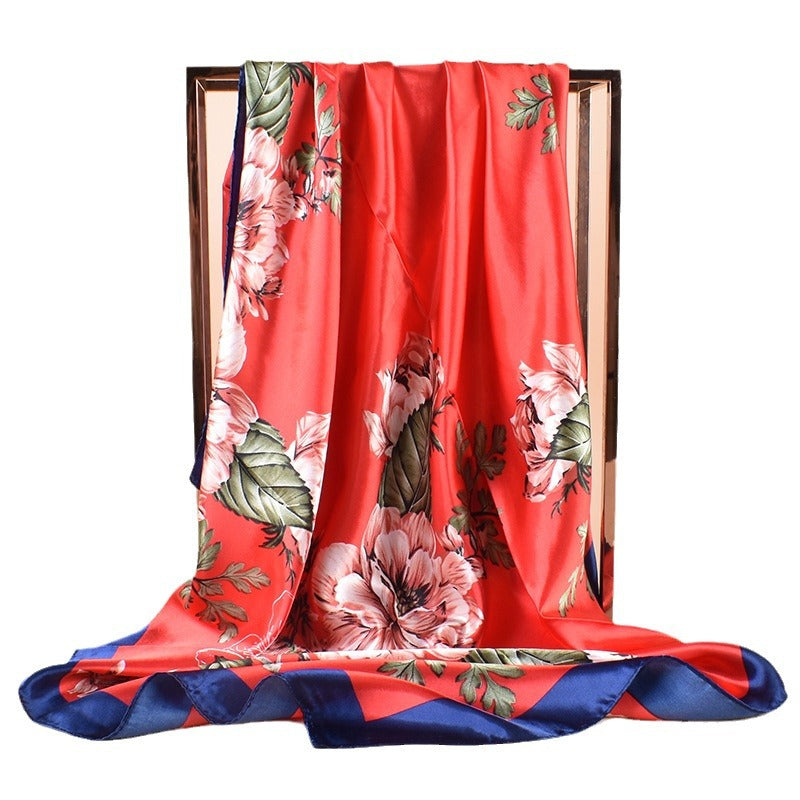 Spring new large shawl simulation silk plant printing silk scarf head scarf 90cm color diced light luxury square scarf