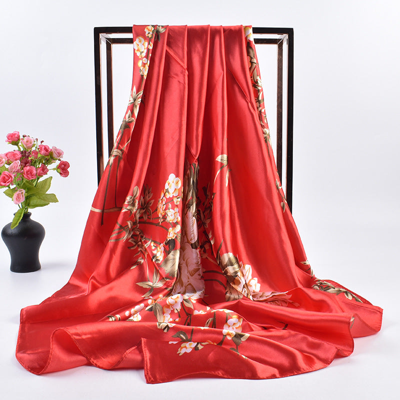Summer new French elegant peony bouquet pattern 90 satin large square scarf headscarf scarf