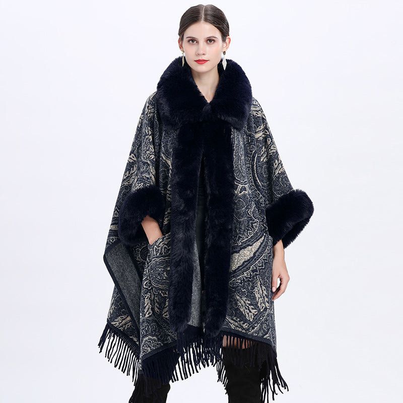 Europe, America, autumn and winter new jacquard fashion loose fur collar fringed cape shawl with large size woolen coat women