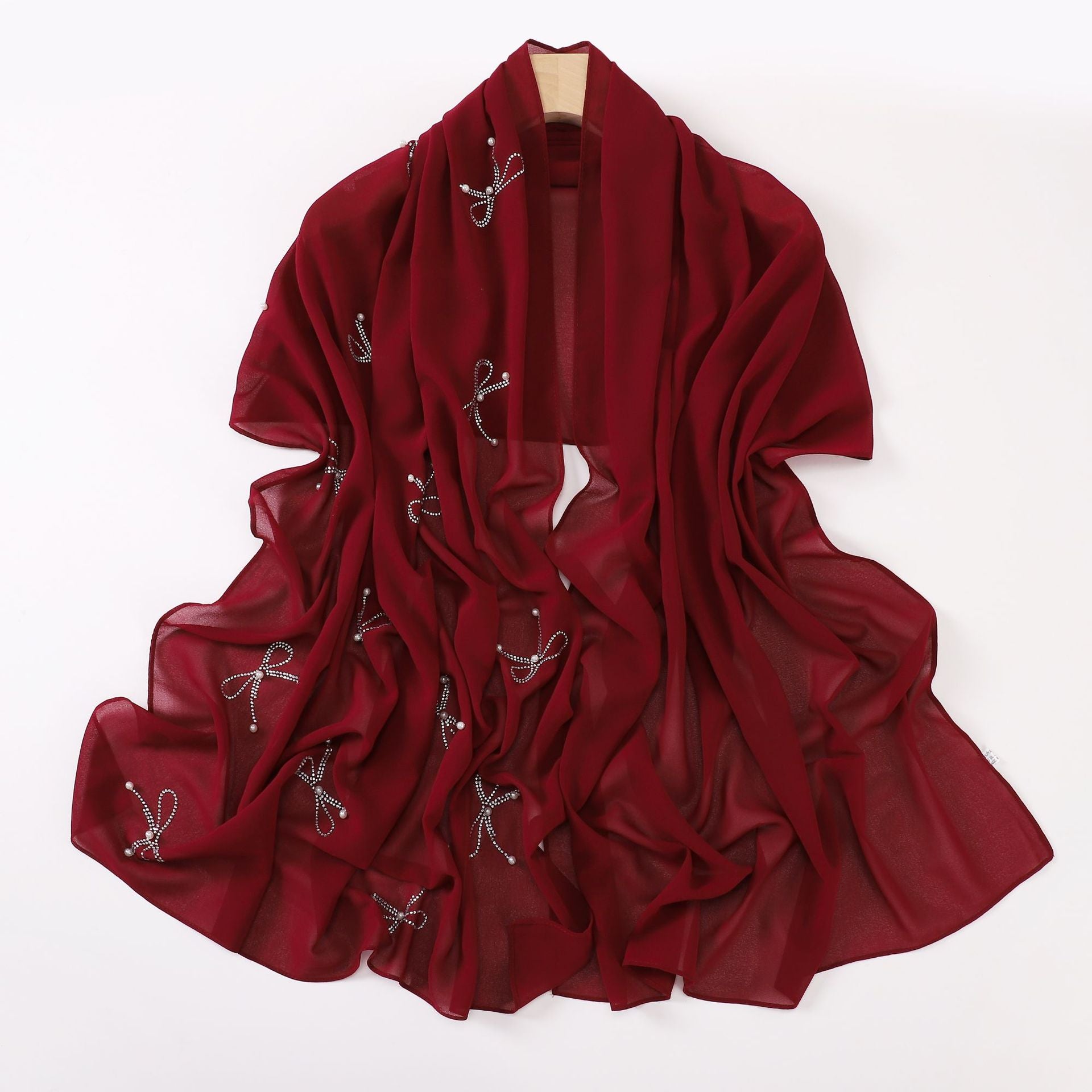 New pearl chiffon bow hot diamond beads long towel yarn towel small fresh headscarf women