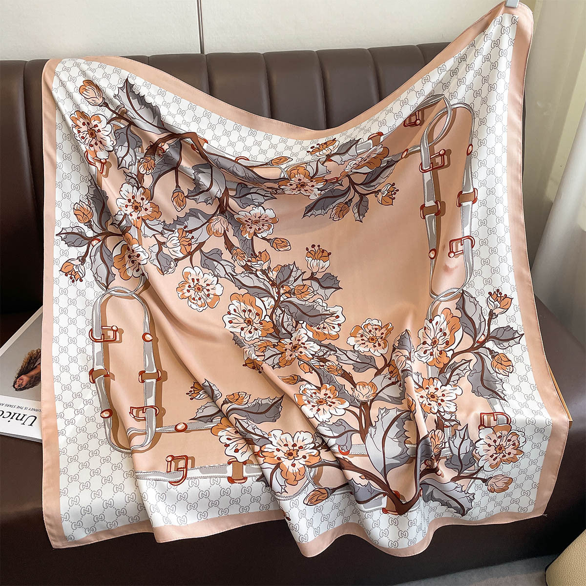 Spring and Autumn New Women's Twill 90 Square Scarf Fashion Flower Printing Multifunctional Versatile Shawl Scarf