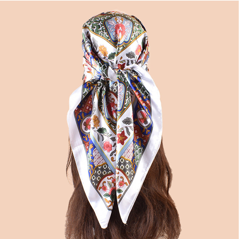 Spring new fashion big shawl simulation silk plant flower printing silk scarf head scarf 90 color square scarf