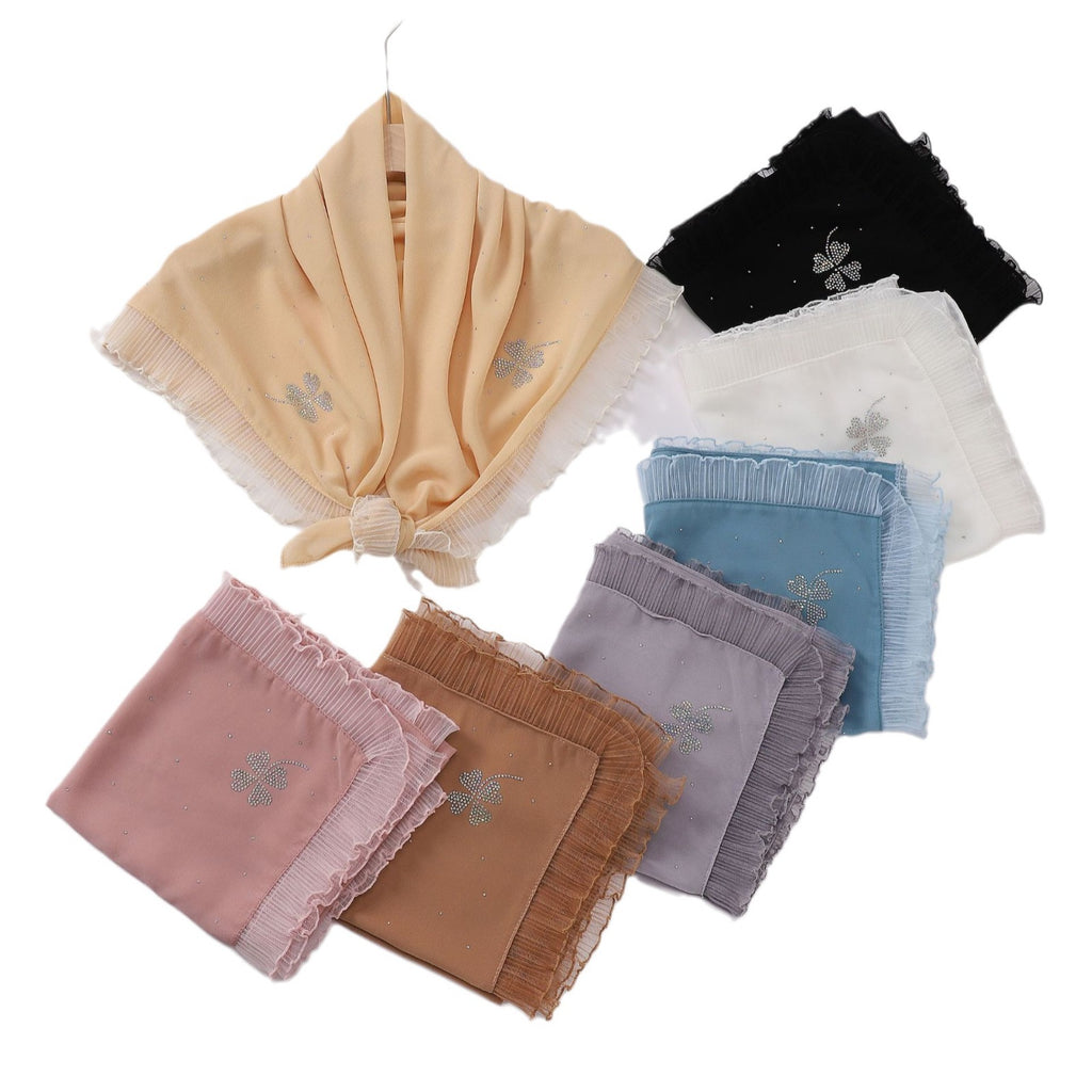 New four-leaf clover hot diamond organ edge pearl chiffon square scarf yarn scarf Middle East and Africa headscarf
