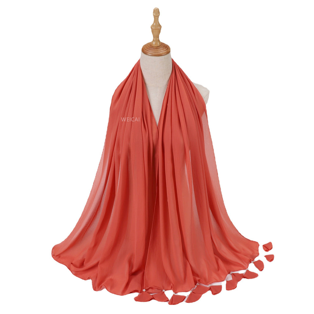 New solid color pearl chiffon flower fringed scarf  scarf Middle East headscarf hijab Malay long scarf