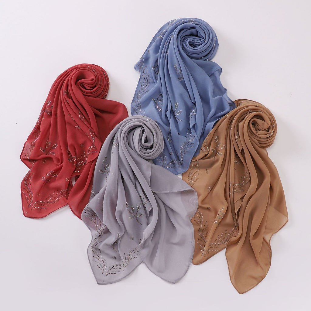New Pearl Chiffon Leaf Hot Diamond Square Scarf 90 × 90cm Women Headscarf