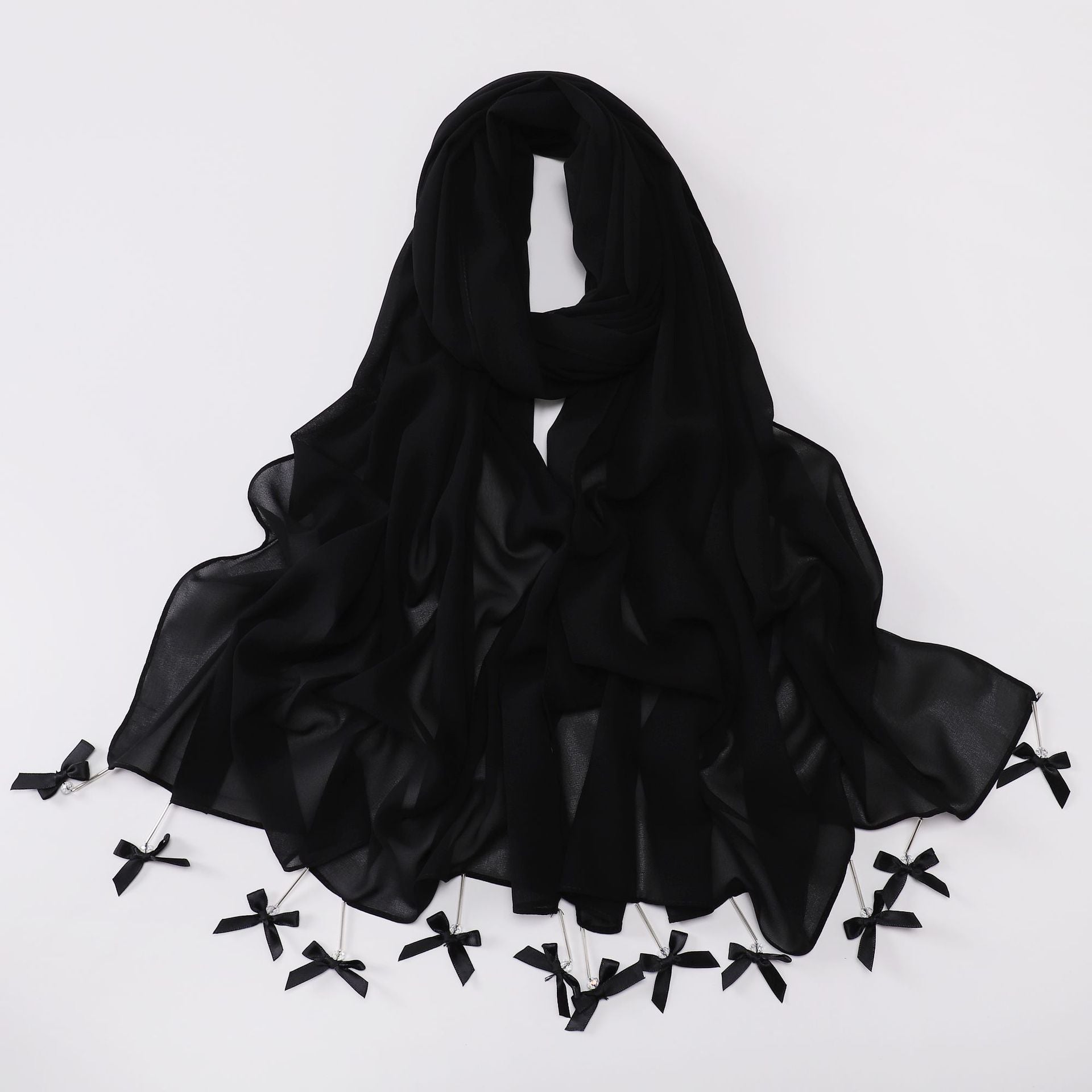 Hand sewn glass tube bow chiffon long towel yarn scarf Malaysia small fresh headscarf