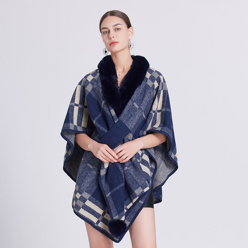 1251 #European and American autumn and winter new shawl cape imitation fur collar plaid cape shawl loose knitted cardigan jacket