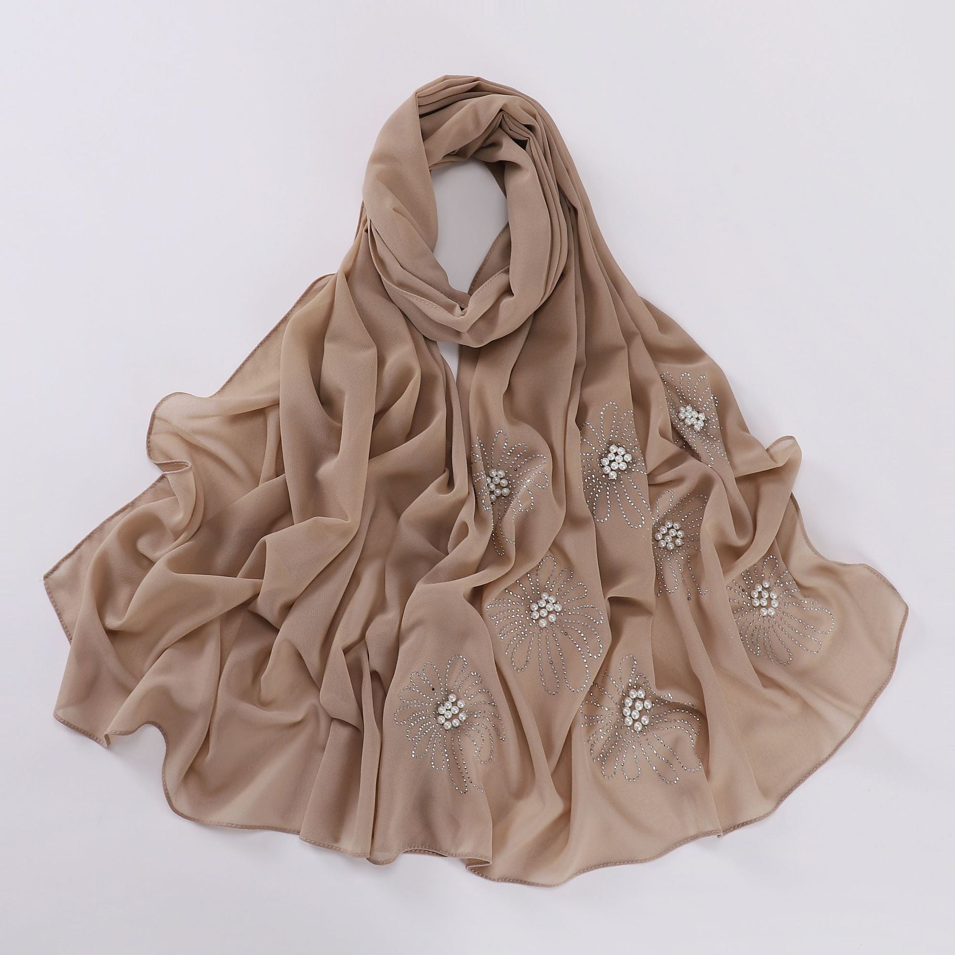 New pearl chiffon single-headed flower hot diamond bead scarf, gauze, Middle East and Africa, headscarf hijab.