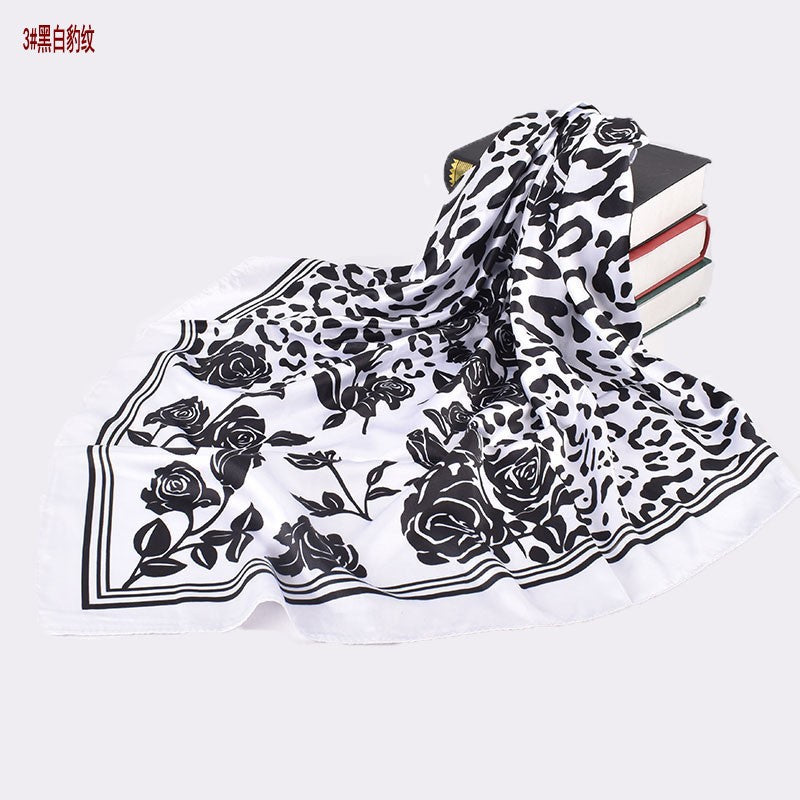 Autumn and winter new scarf black and white simple printing light luxury silk scarf 90cm satin high-end square scarf