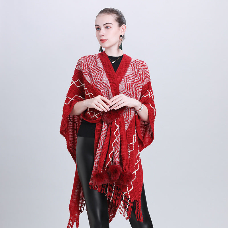 European and Korean autumn and winter new fashion multi-purpose scarf shawl hairball knitted cardigan shawl cape 0993 #