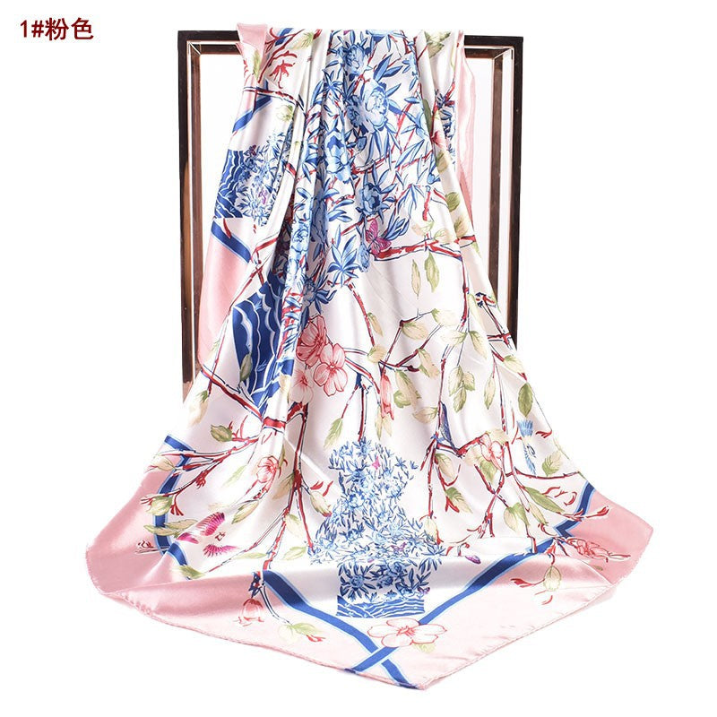 Autumn and winter new simple ethnic style blue and white porcelain vase pattern silk scarf printing 90 color diced high-end large square scarf
