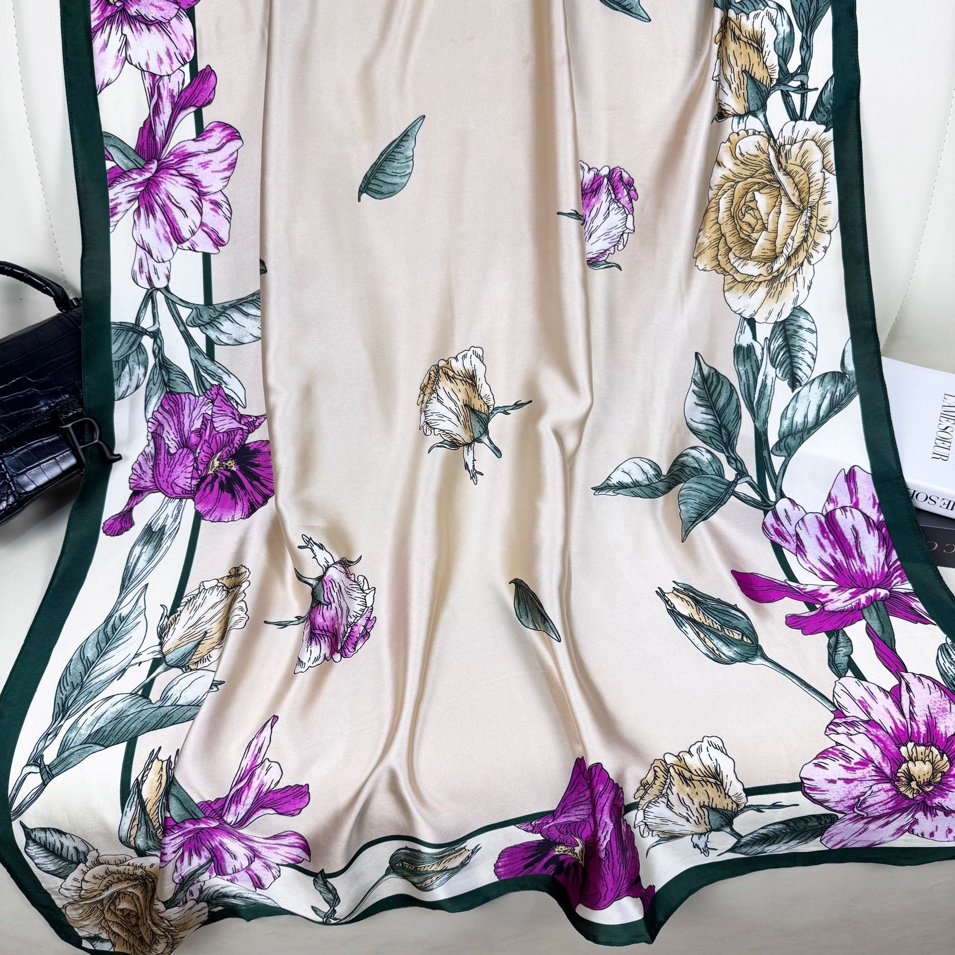 Foreign style fashionable long silk scarf women's scarf, spring, summer and autumn flower print travel vacation sun protection versatile shawl