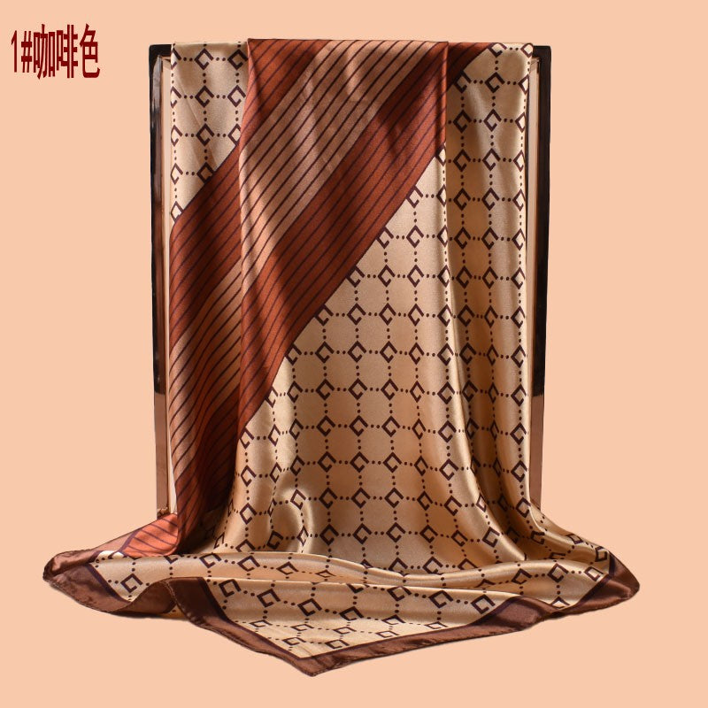 2025 new 90cm-satin geometric line plaid printing square scarf with sunscreen, bag head silk scarf decoration, scarf