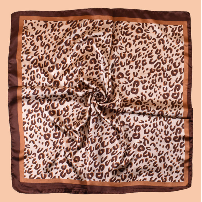 2025 new 90-satin U-word leopard print versatile printed square scarf with sunscreen, bag head silk scarf decoration, scarf