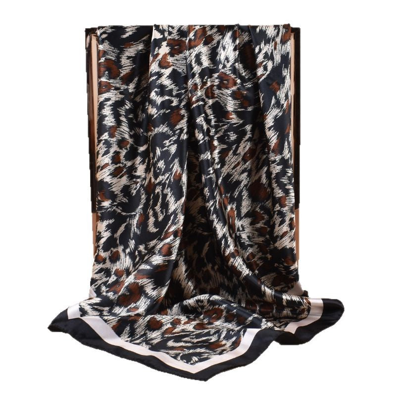 2025 new 90cm-satin sketch leopard print versatile printed square scarf with sunscreen, bag head silk scarf decoration, scarf