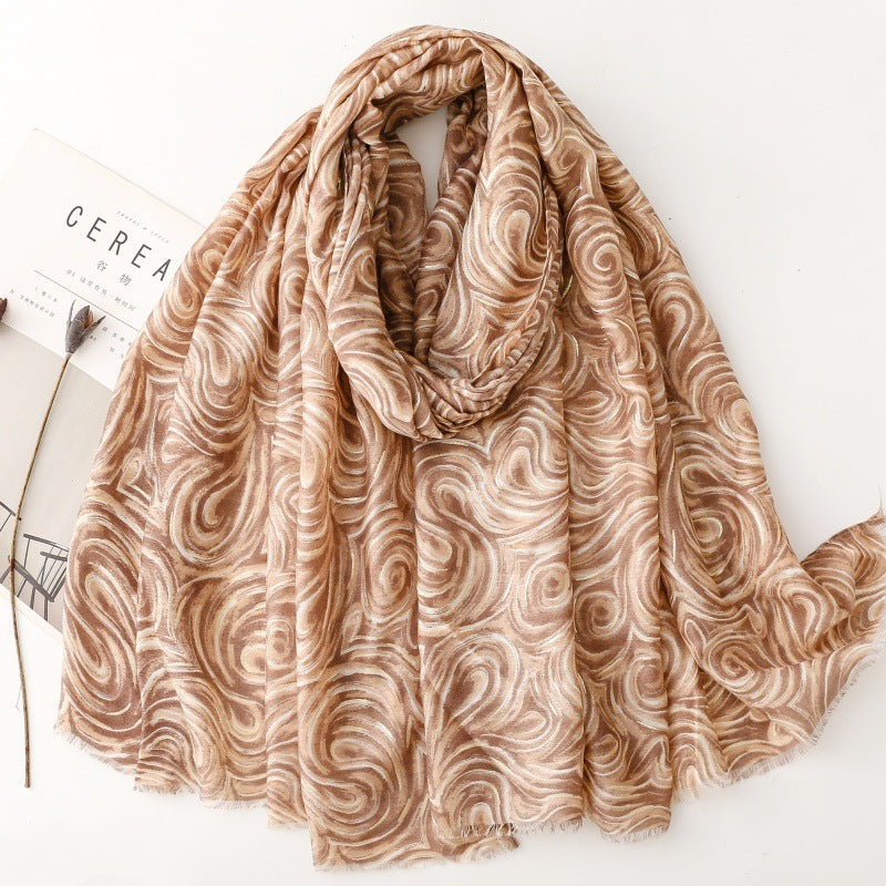 Cotton and linen feel scarf soft silk scarf bronzing latte corrugated print shawl