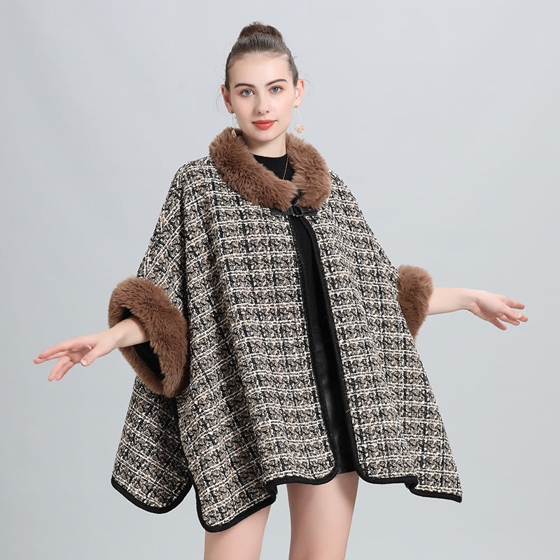 European and Korean autumn and winter new velvet large size loose imitation fur collar knitted cardigan cape shawl woolen coat 0964 #