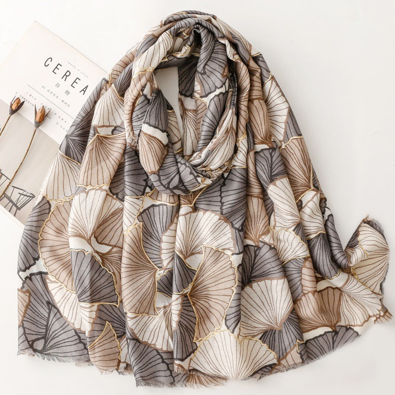 Cotton and linen feel scarf soft silk scarf bronzing golden autumn ginkgo biloba print shawl