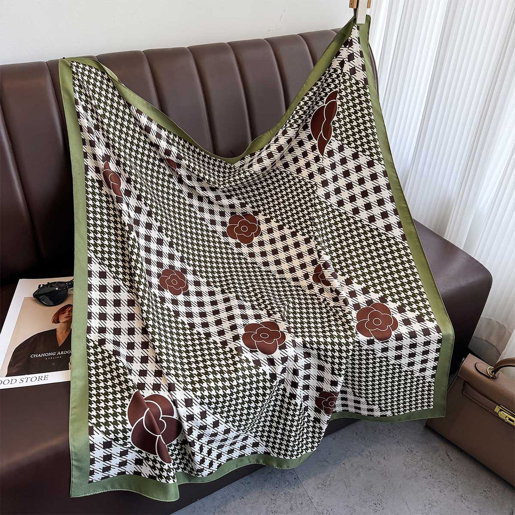 New Korean version plaid printing light luxury large square scarf spring and summer sunscreen silk scarf air conditioner warm shawl women