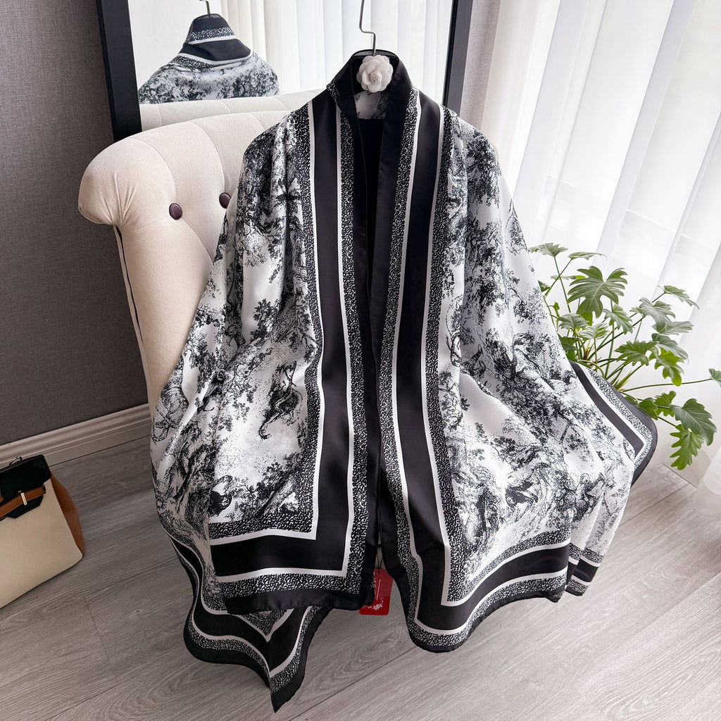 black and white ink painting printing long silk scarf, high sense spring and summer travel vacation sun protection shawl scarf