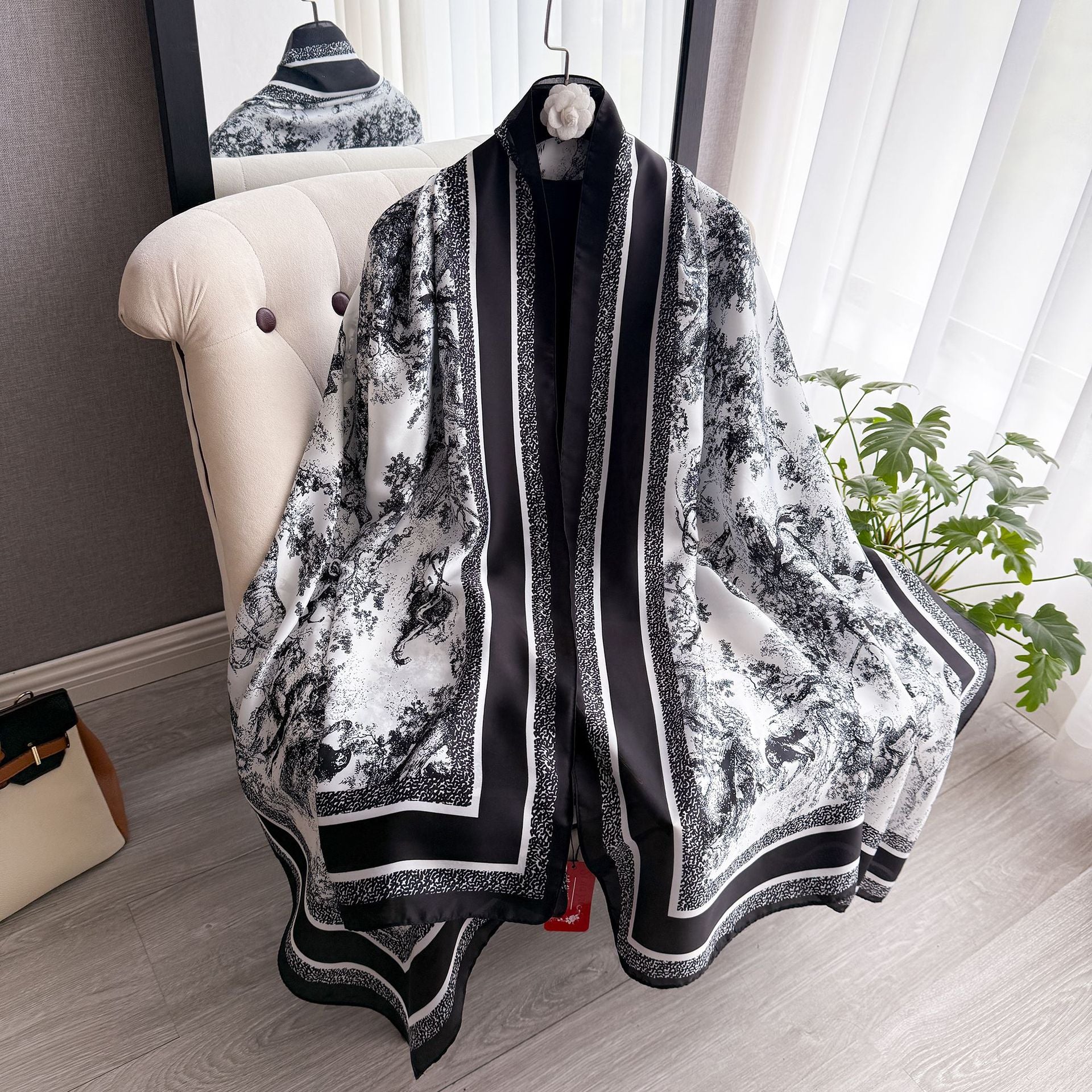 black and white ink painting printing long silk scarf, high sense spring and summer travel vacation sun protection shawl scarf