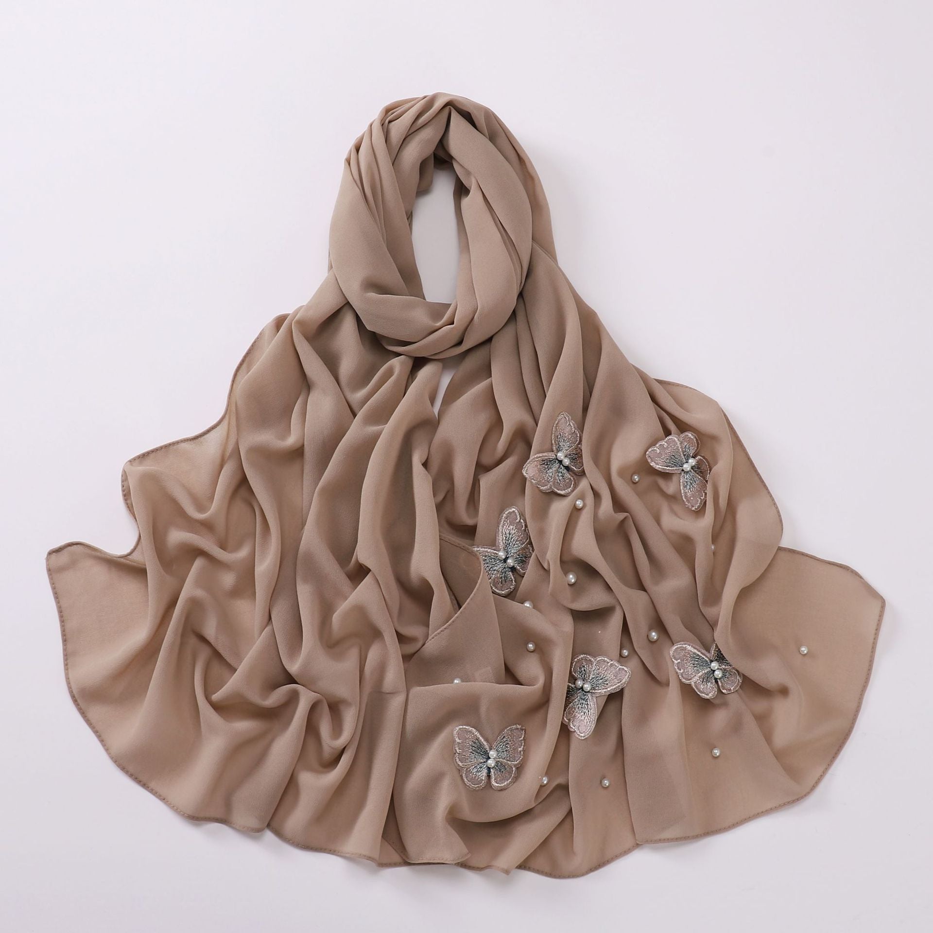 Pearl chiffon three-dimensional butterfly flower bead scarf gauze Malaysian headscarf