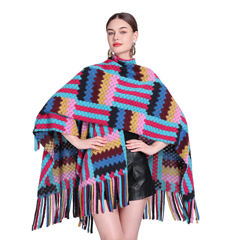 Autumn and winter new colored shawl with ethnic style travel temperament fringed shawl cape cape scarf coat women