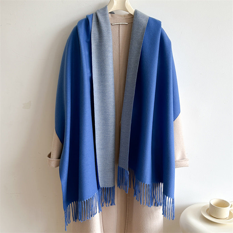 Simple solid color imitation cashmere scarf men's and women's winter thickened warm double-sided two-color versatile fringed shawl core-spun yarn