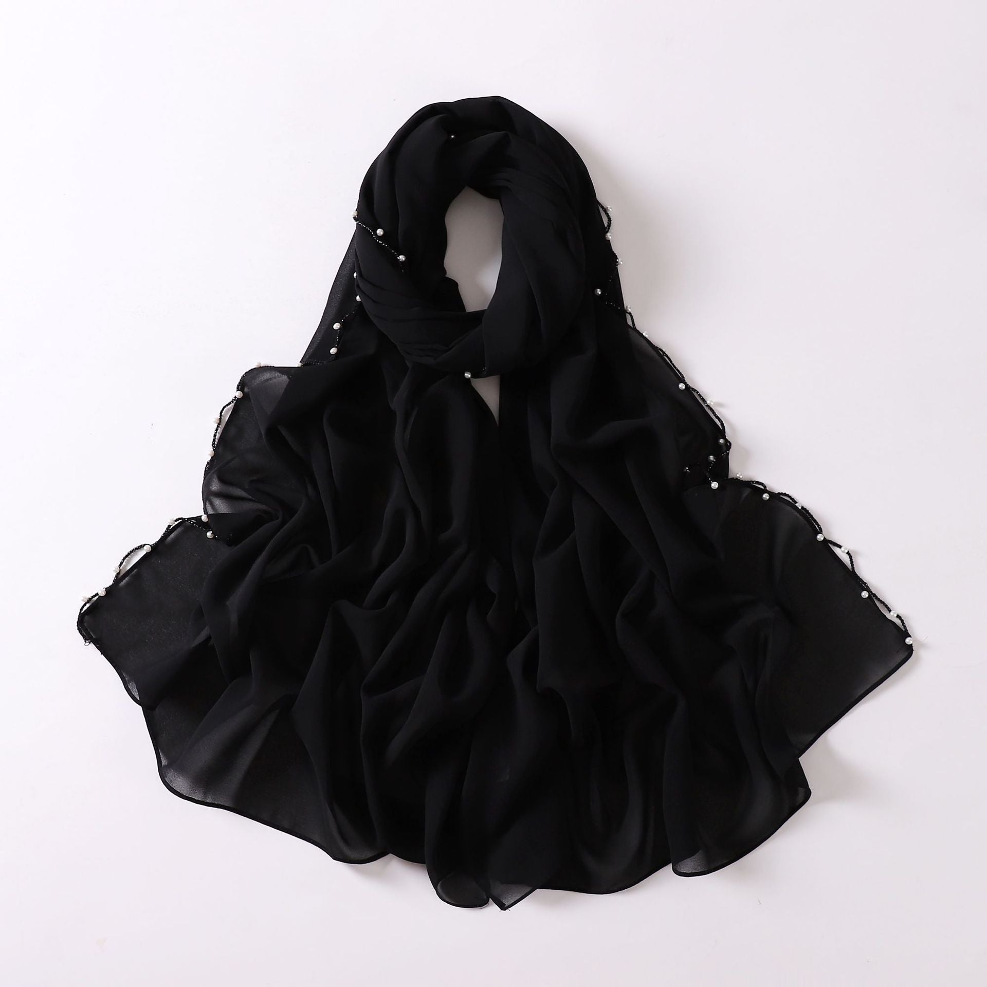 Monochrome pearl chiffon wavy edge beaded scarf gauze malay headscarf middle east Africa hijab