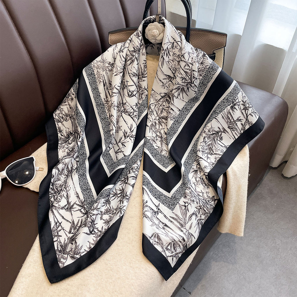 Autumn new classic bamboo leaf 90 printed large square scarf women's imitation silk high-end fashion shawl scarf
