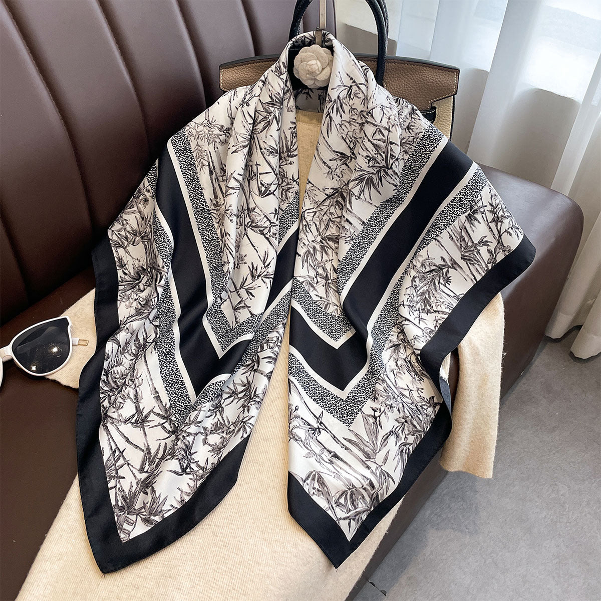 Autumn new classic bamboo leaf 90 printed large square scarf women's imitation silk high-end fashion shawl scarf