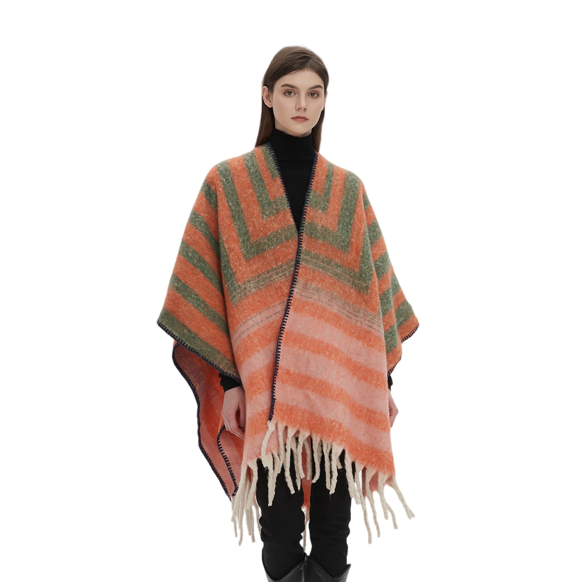 2025 new European and American autumn and winter circle yarn imitation mohair thickened jacquard striped shawl