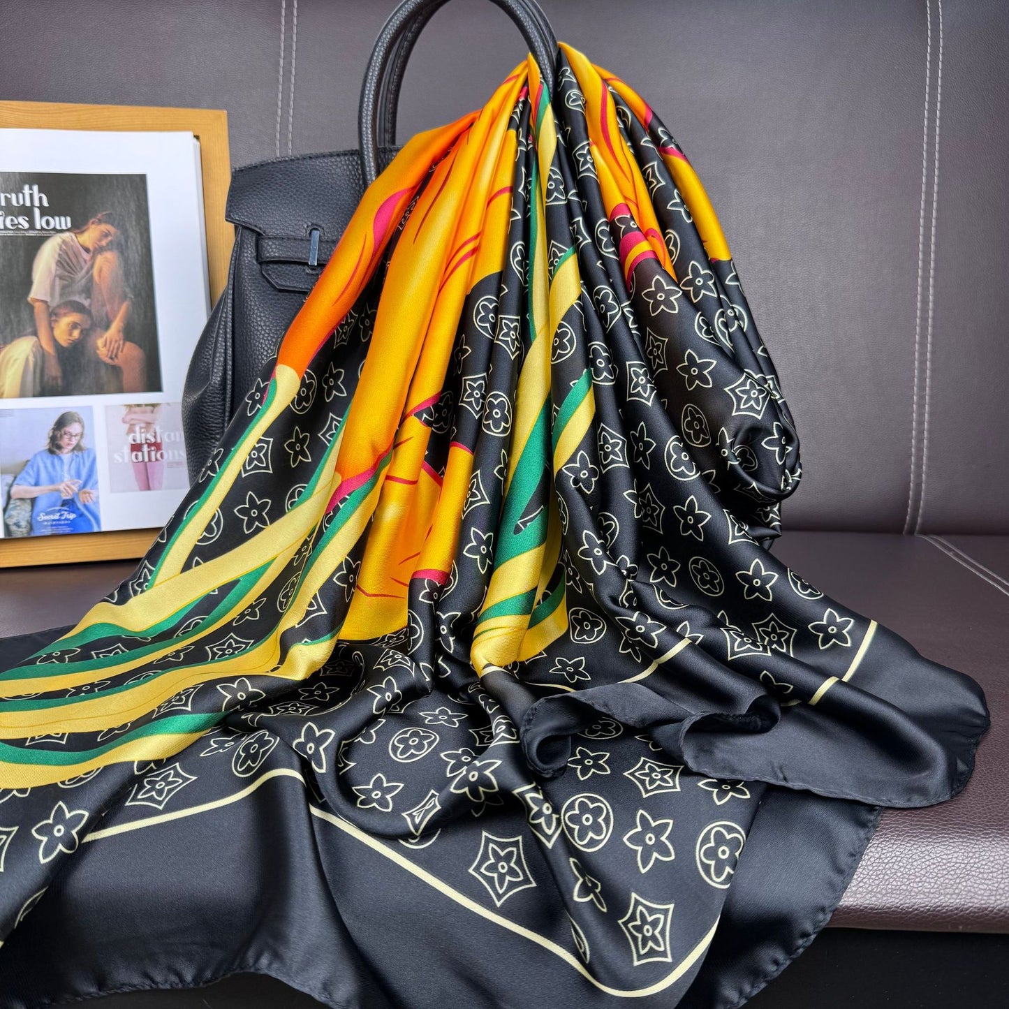 Foreign style fashionable long silk scarf women's scarf, spring, summer and autumn flower print travel vacation sun protection versatile shawl