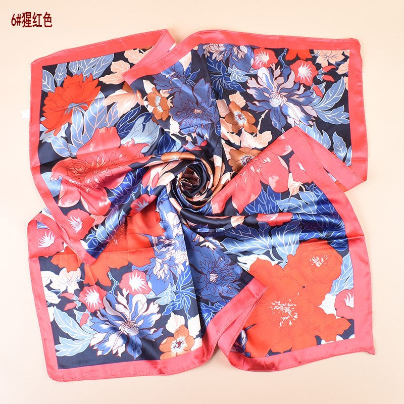 Spring new sweet flower simulation silk printing silk scarf head scarf 90 color diced light luxury square scarf