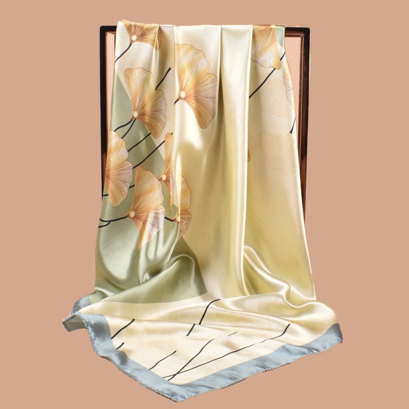 New 90cm-satin ginkgo biloba leaf printing square scarf with sunscreen, head silk scarf decoration, scarf