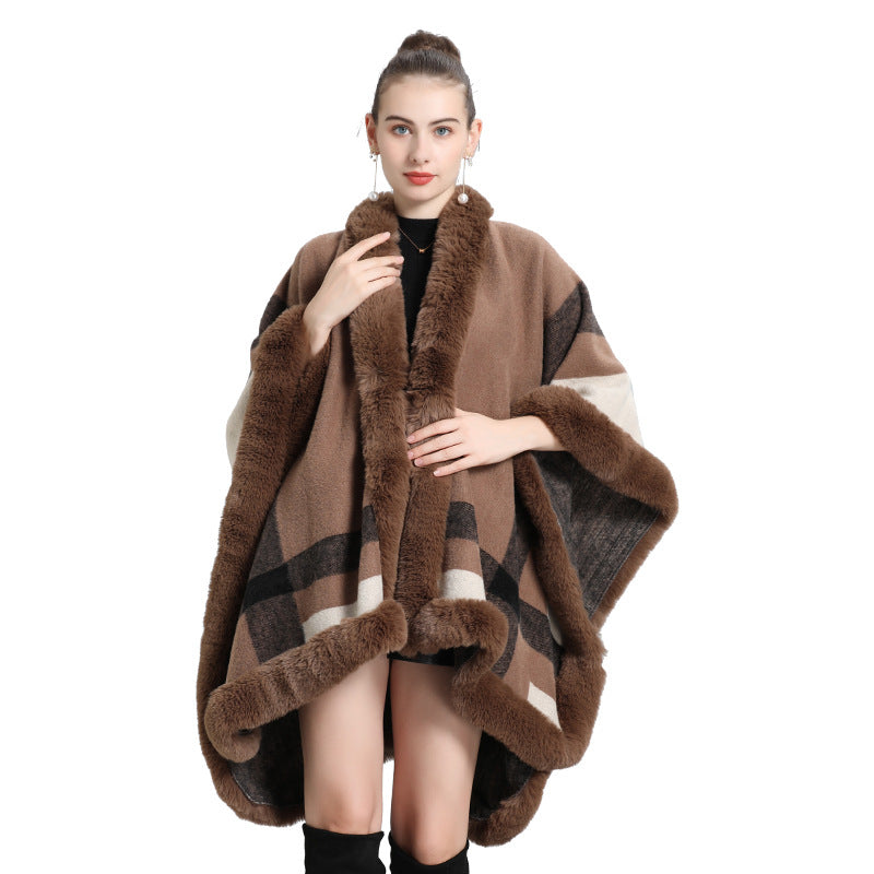 European and American autumn and winter new temperament plaid fur collar shawl cape scarf shawl fur shawl 0968 #