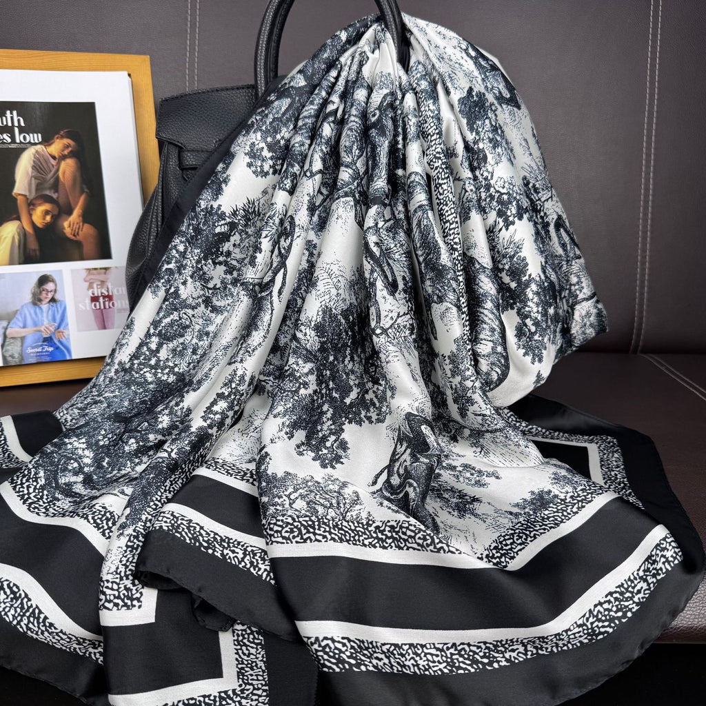 Simple, fashionable and versatile simulated silk outer silk scarf, plant flower ethnic women's head scarf, sun protection shawl