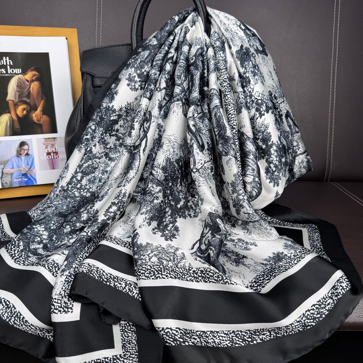 Simple, fashionable and versatile simulated silk outer silk scarf, plant flower ethnic women's head scarf, sun protection shawl