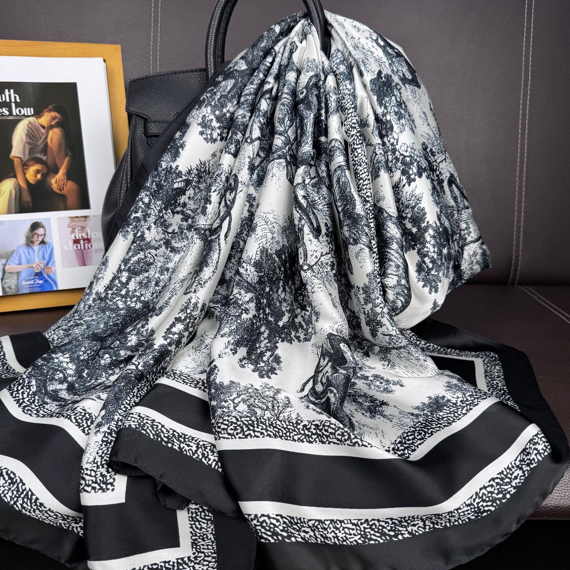 Simple, fashionable and versatile simulated silk outer silk scarf, plant flower ethnic women's head scarf, sun protection shawl