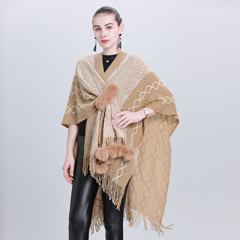 European and Korean autumn and winter new fashion multi-purpose scarf shawl hairball knitted cardigan shawl cape 0993 #