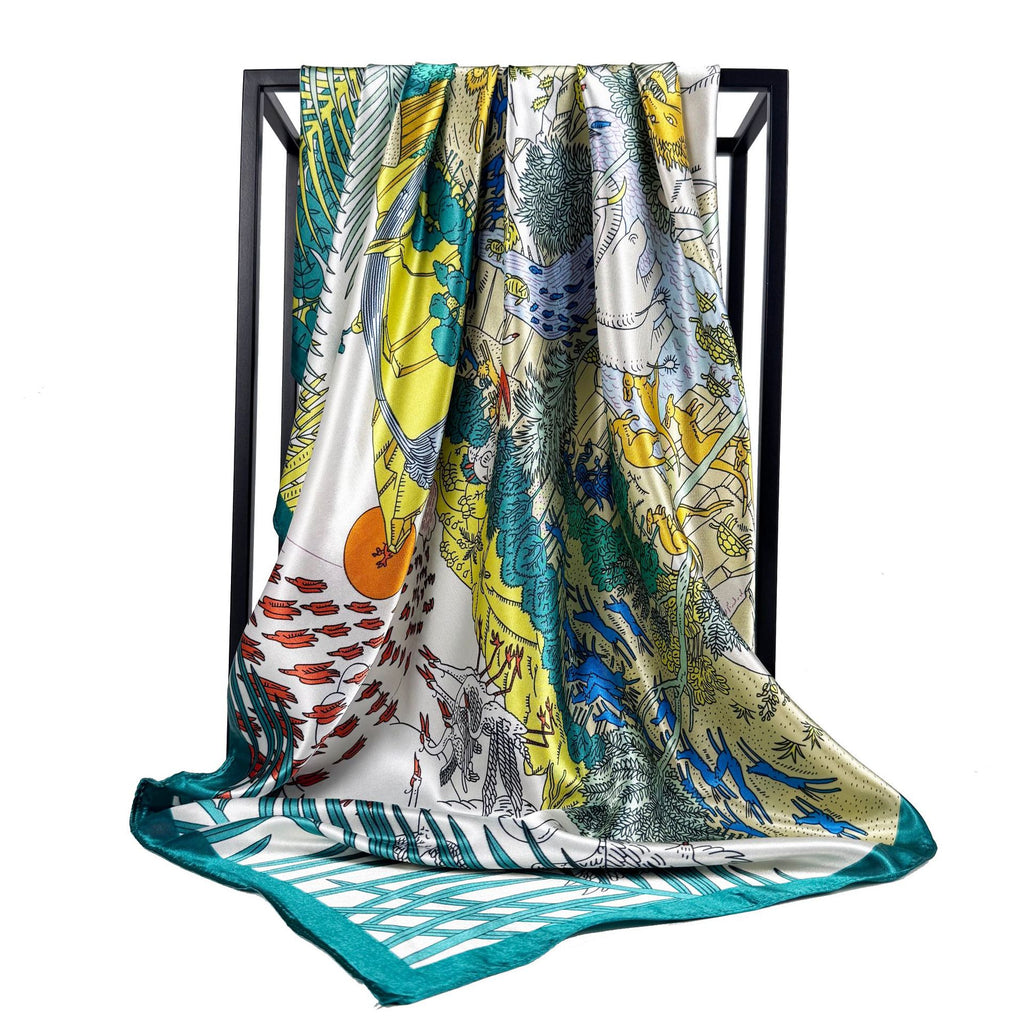 European and American fashion plant flower print silk scarf 90cm large square scarf, women's scarf with shawl, gifts