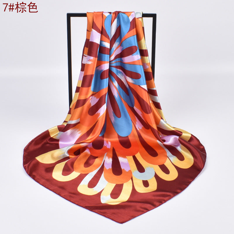 Autumn new fashionable and elegant flower satin large square scarf silk scarf fashion imitation silk scarf