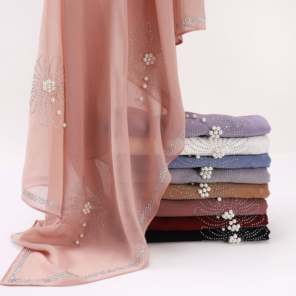 new pearl chiffon chrysanthemum hot diamond bead square scarf yarn headscarf