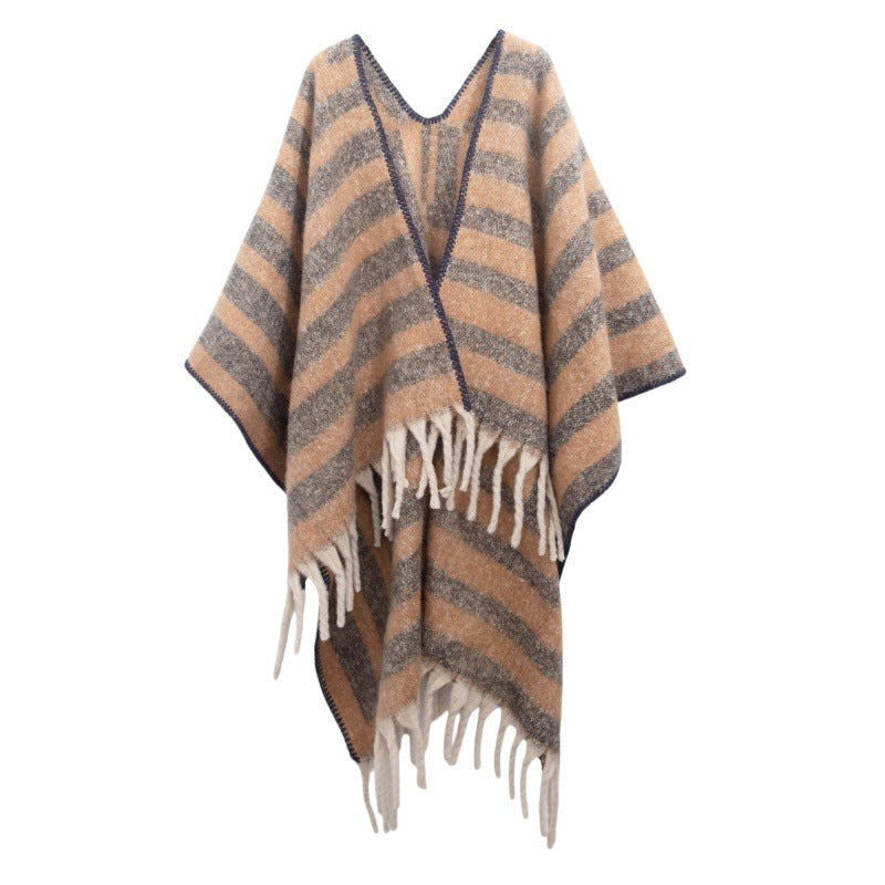 2025 new European and American autumn and winter circle yarn imitation mohair thickened jacquard striped shawl